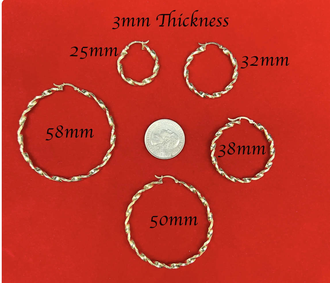 10k Real Yellow Gold Twisted Hoop Earrings 3mm, 4mm, 5mm Thickness, 25mm - 58mm Real Gold Twisted Hoop Earrings, 10k Twisted Hoop Earring
