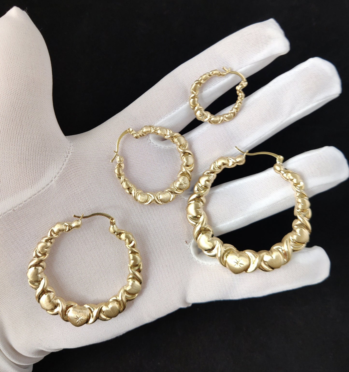 14k Real Solid Yellow Gold Textured Heart Hoop Earrings,High Quality,25mm-70mm Gold Hoop Earrings,Women Earrings