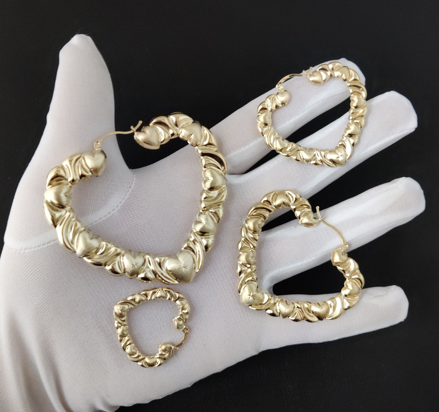 10k Real Solid Yellow Gold Textured Heart Hoop Earrings,High Quality Heart Shape,33mm-76mm Gold Hoop Earrings,Women Earrings