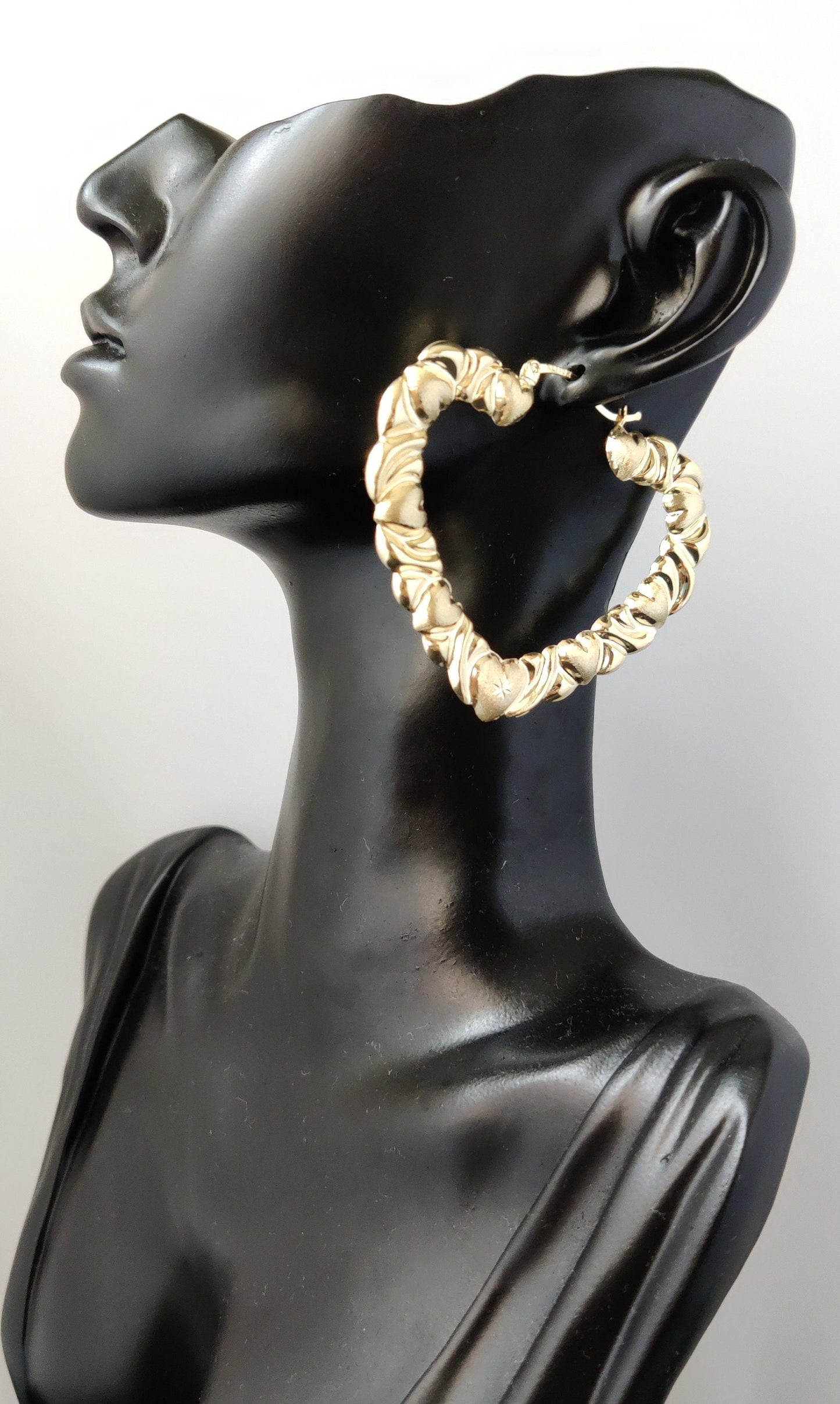 10k Real Solid Yellow Gold Textured Heart Hoop Earrings,High Quality Heart Shape,33mm-76mm Gold Hoop Earrings,Women Earrings