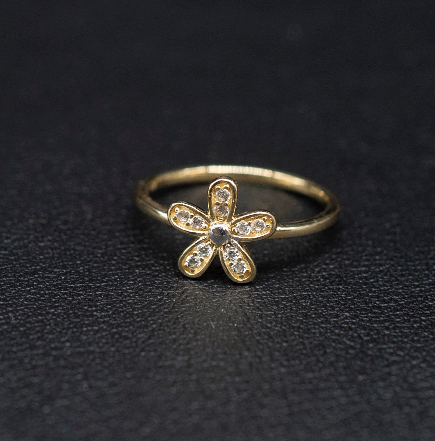 14k Real Solid Yellow Gold Flower Ring, 14k Solid Gold Women Dainty Ring, Flower Gemstone Gold Ring for Women, Gift, Gold Ring