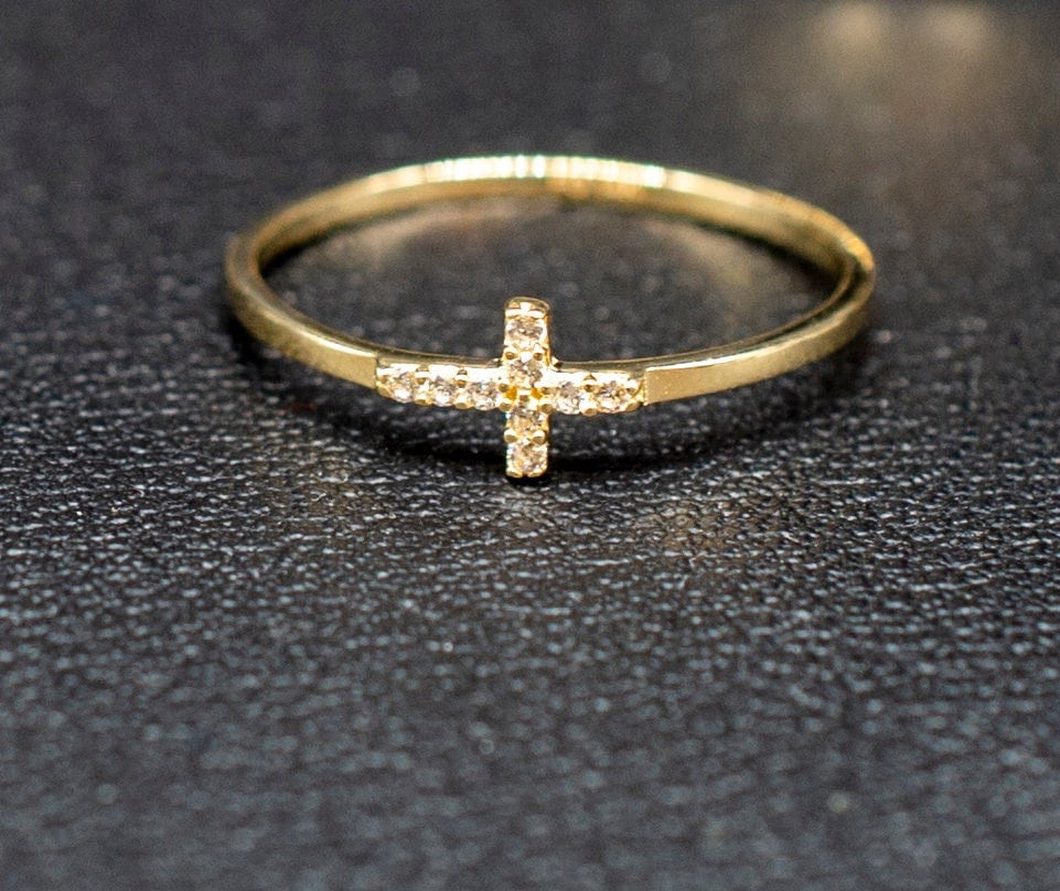 14k Real Solid Yellow Gold Cross Ring, 14k Solid Gold Women Ring, Cross Gemstone Gold Ring for Women, Gift, Gold Ring, Minimalist ring