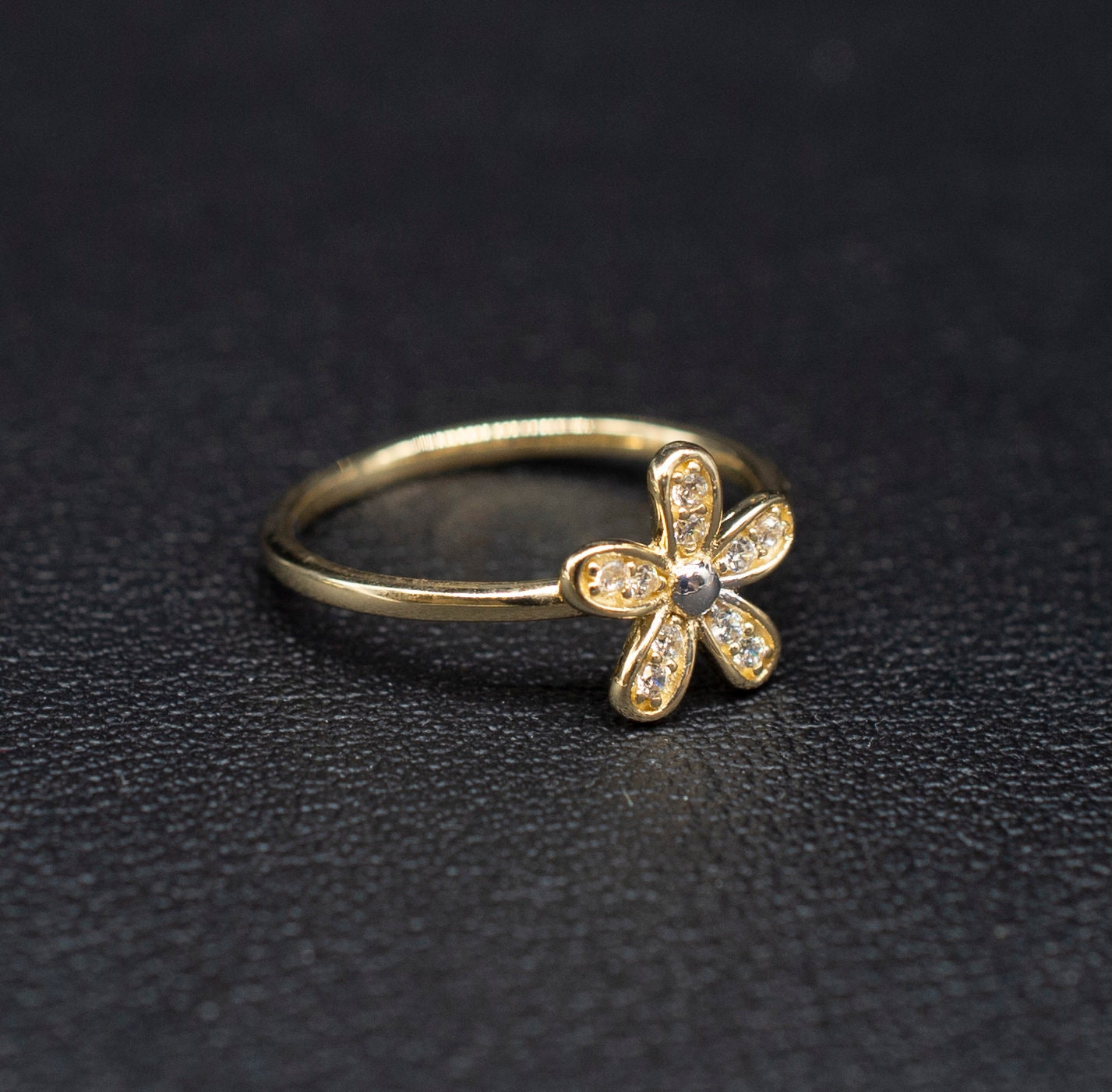 14k Real Solid Yellow Gold Flower Ring, 14k Solid Gold Women Dainty Ring, Flower Gemstone Gold Ring for Women, Gift, Gold Ring
