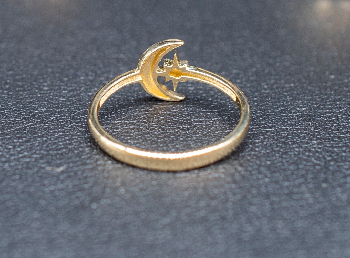 14k Real Solid Yellow Gold Moon and Star Ring, 14k Solid Gold Women Dainty Ring, Crescent Gemstone Gold Ring for Women, Gift,Moon Gold Ring