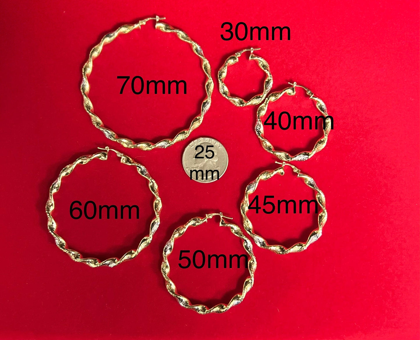 14k Real Solid Gold Twisted Tricolor Hoop Earrings, Tricolor Hoop High Quality Earring, 30mm-70mm Gold Hoop Earrings,Women Earrings