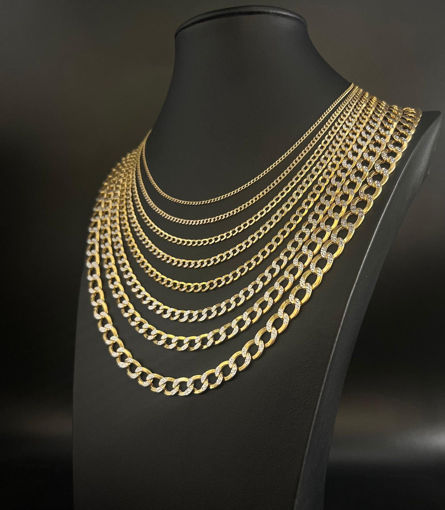 14K Gold Pave Cuban Curb Link Chain, 2mm-9.8mm Pave Cuban Curb Chain,14K Gold Chain, Man and Woman, 14K Two Tone Gold Cuban Curb Necklace