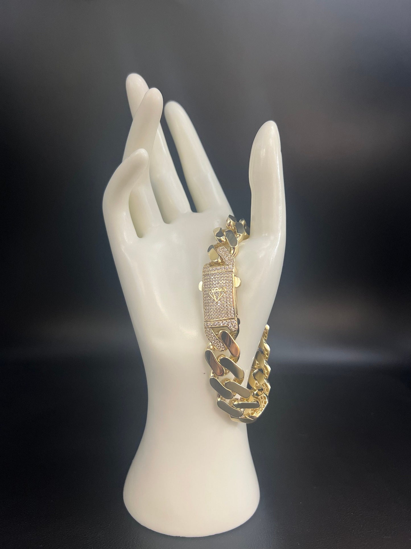 14k Yellow Gold Miami Cuban Chain Bracelet Zirconia Box Lock, 7mm - 15mm Real 14K Yellow Gold,,14k Gold Bracelet, 14k gold Miami cuban