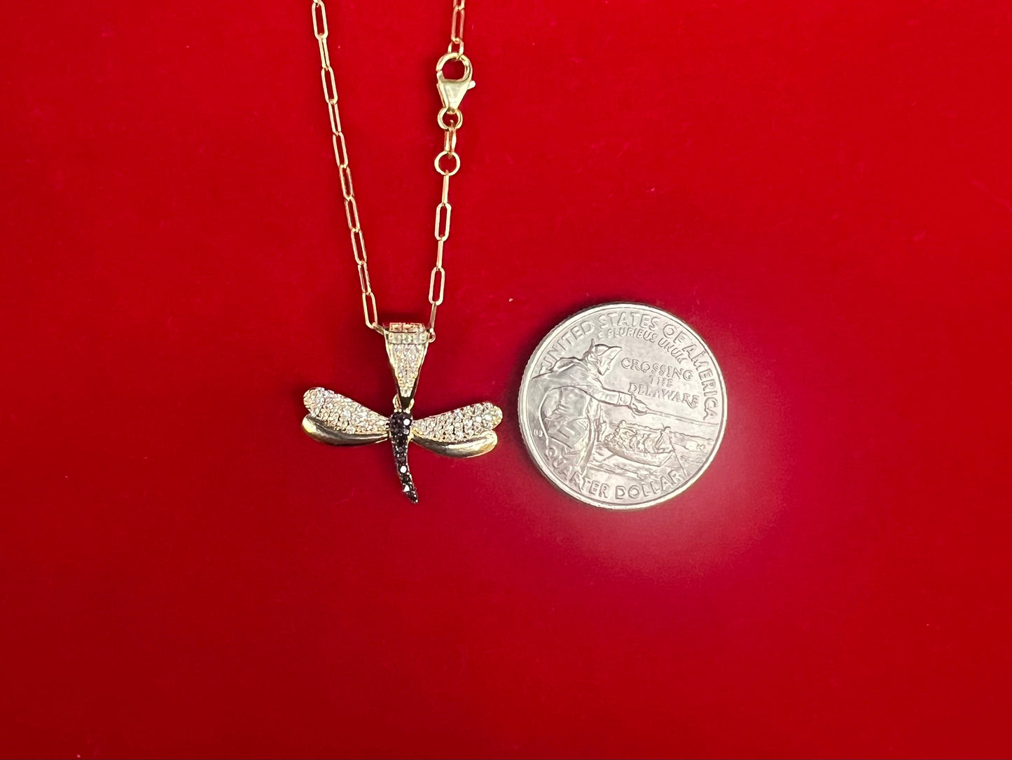 14K Solid Gold Dragonfly Necklace, Dragonfly Charm Necklace, Paperclip Chain Necklace, Real Gold Pendant Necklace for Women
