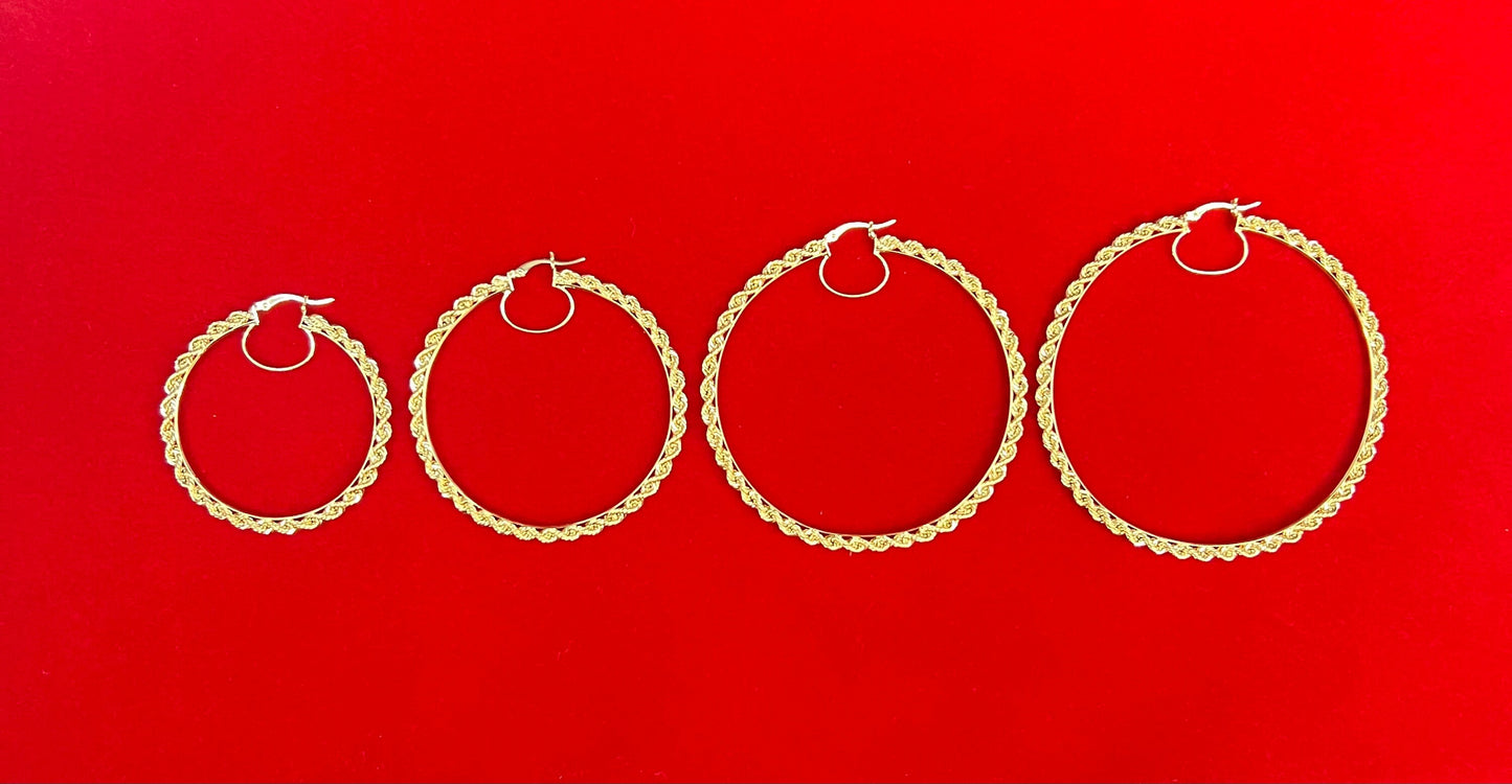 10k Real Yellow Gold Rope Chain Hoop Earrings, 3mm Rope Chain Hoop Earring, Shinny Gold 10k Hoop Earrings, 10k Diamond Cut Twisted Earring