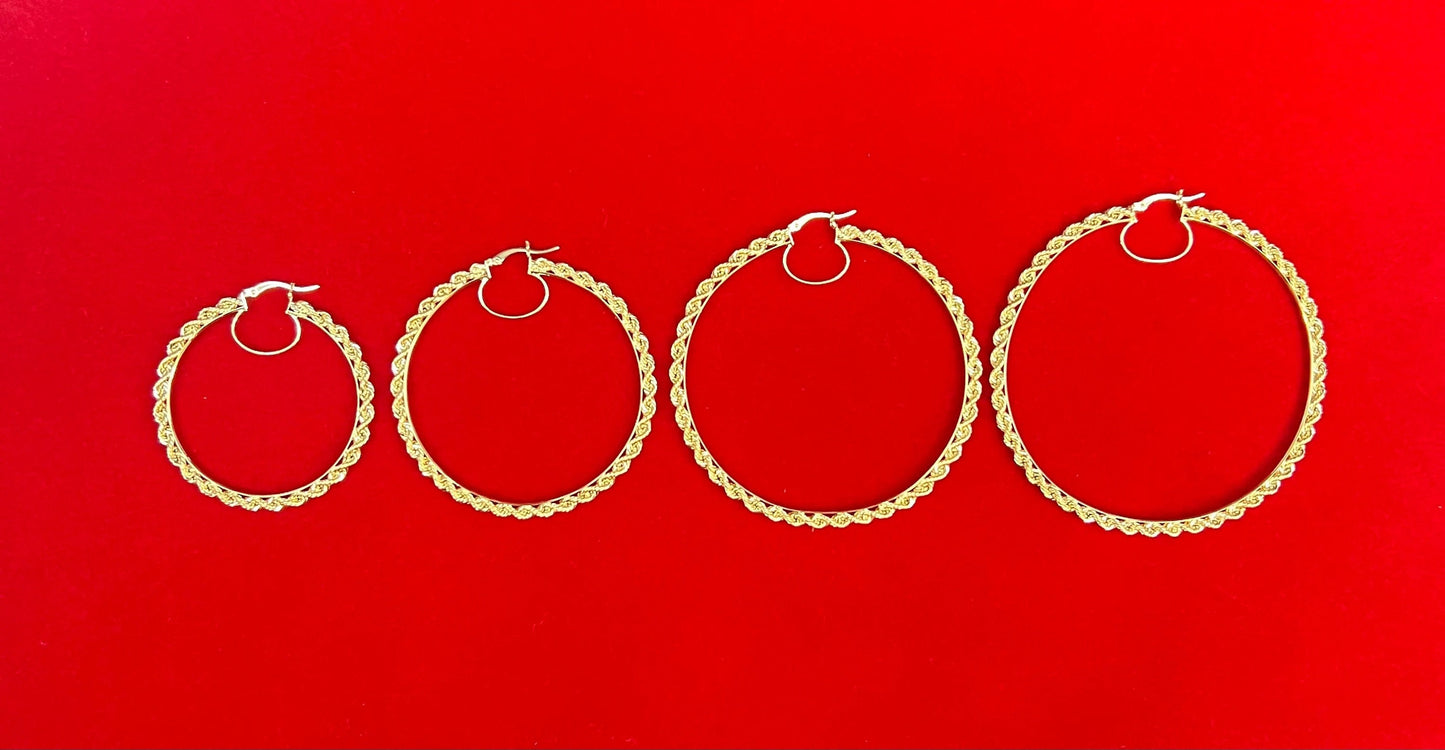 10k Real Yellow Gold Rope Chain Hoop Earrings, 3mm Rope Chain Hoop Earring, Shinny Gold 10k Hoop Earrings, 10k Diamond Cut Twisted Earring