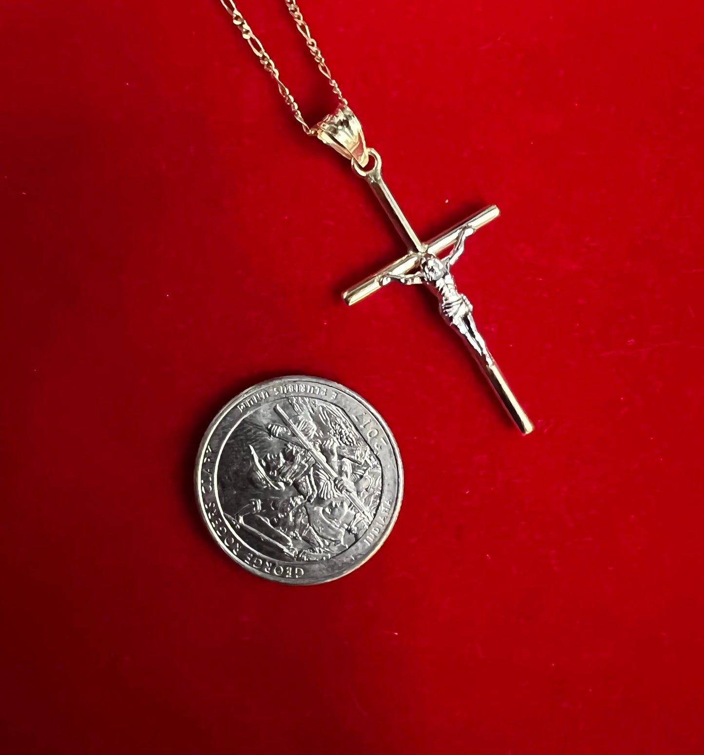10k Real Gold Jesus Crucifix Pendants Necklace, 10k Real Gold Two Tone Cross with 10k Solid Gold 1.3mm Figaro Chain, Cross, 10k Gold Cross