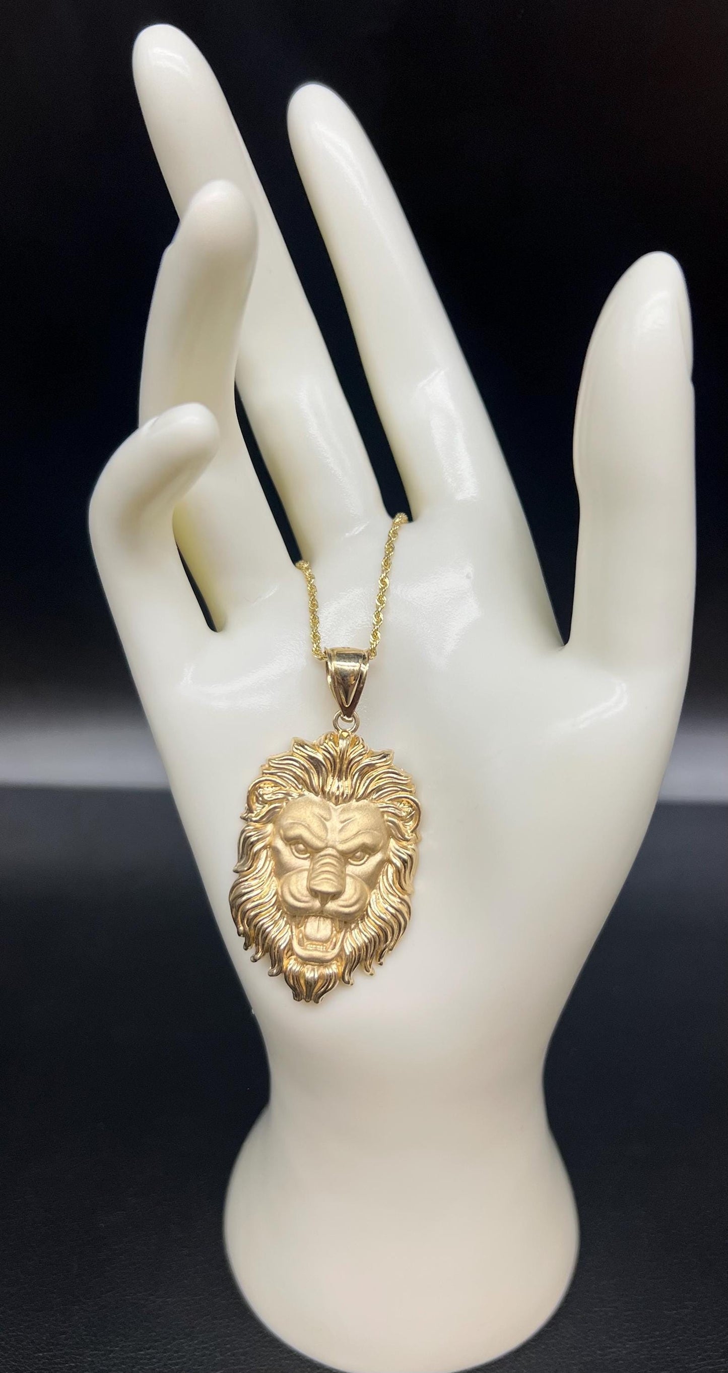 14k Real Solid Gold textured Lion Head Pendants Necklace, with 14k 1.6mm Solid Rope Chain Necklace ,14k Lion Head Pendant, Gift