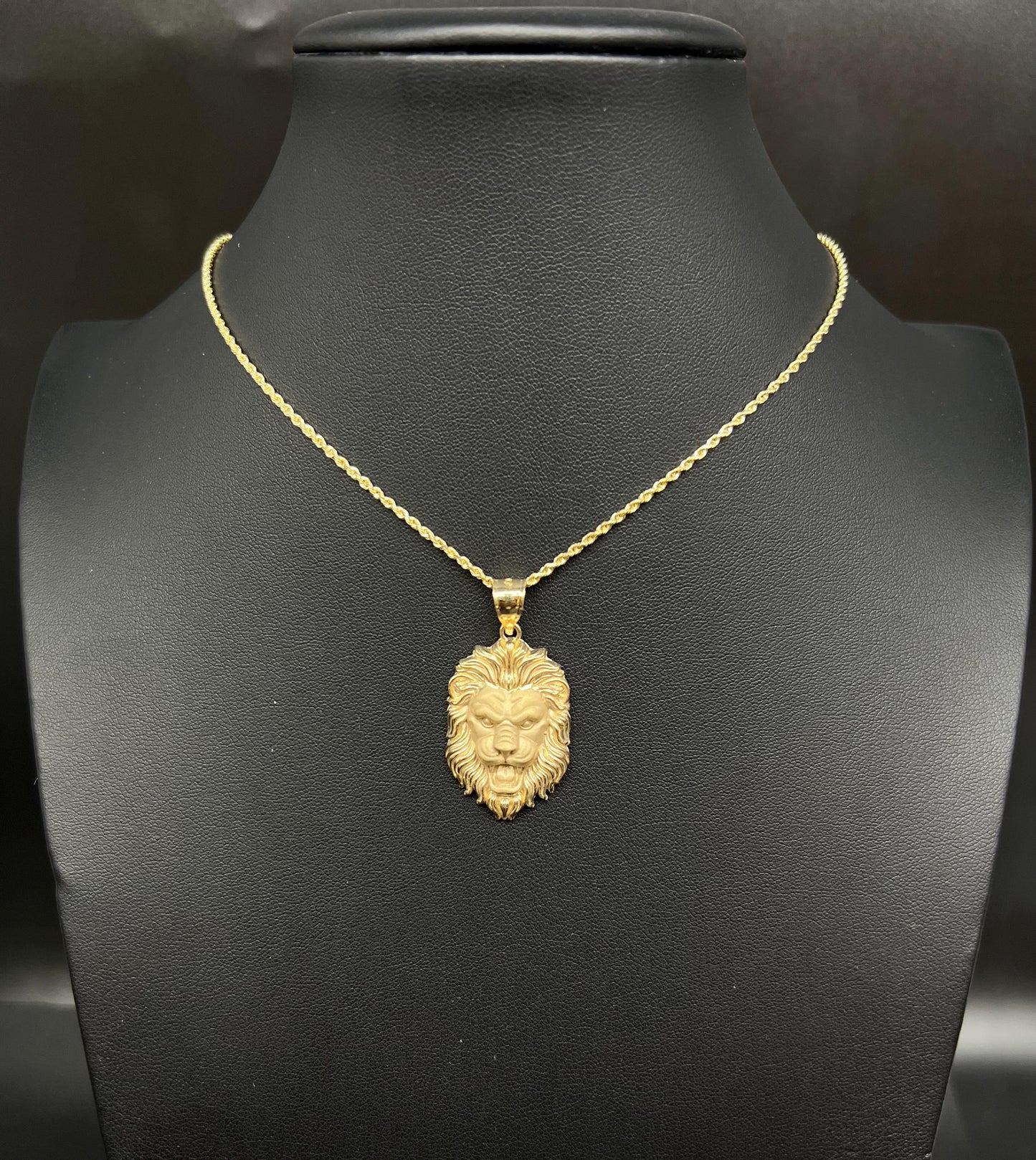 14k Real Solid Gold textured Lion Head Pendants Necklace, with 14k 1.6mm Solid Rope Chain Necklace ,14k Lion Head Pendant, Gift