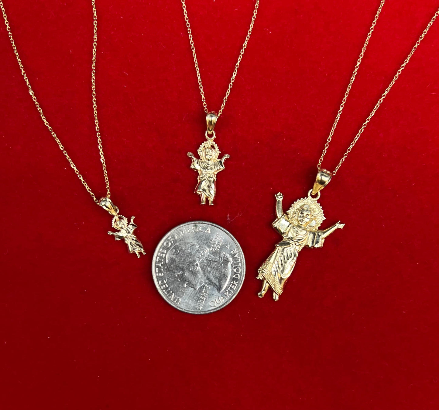 14k Real Solid Gold Divino Nino Pendants Necklace, 14K Real Gold Baby Jesus Religious Charm, 14K 1 mm Real Gold Cable Chain Necklace