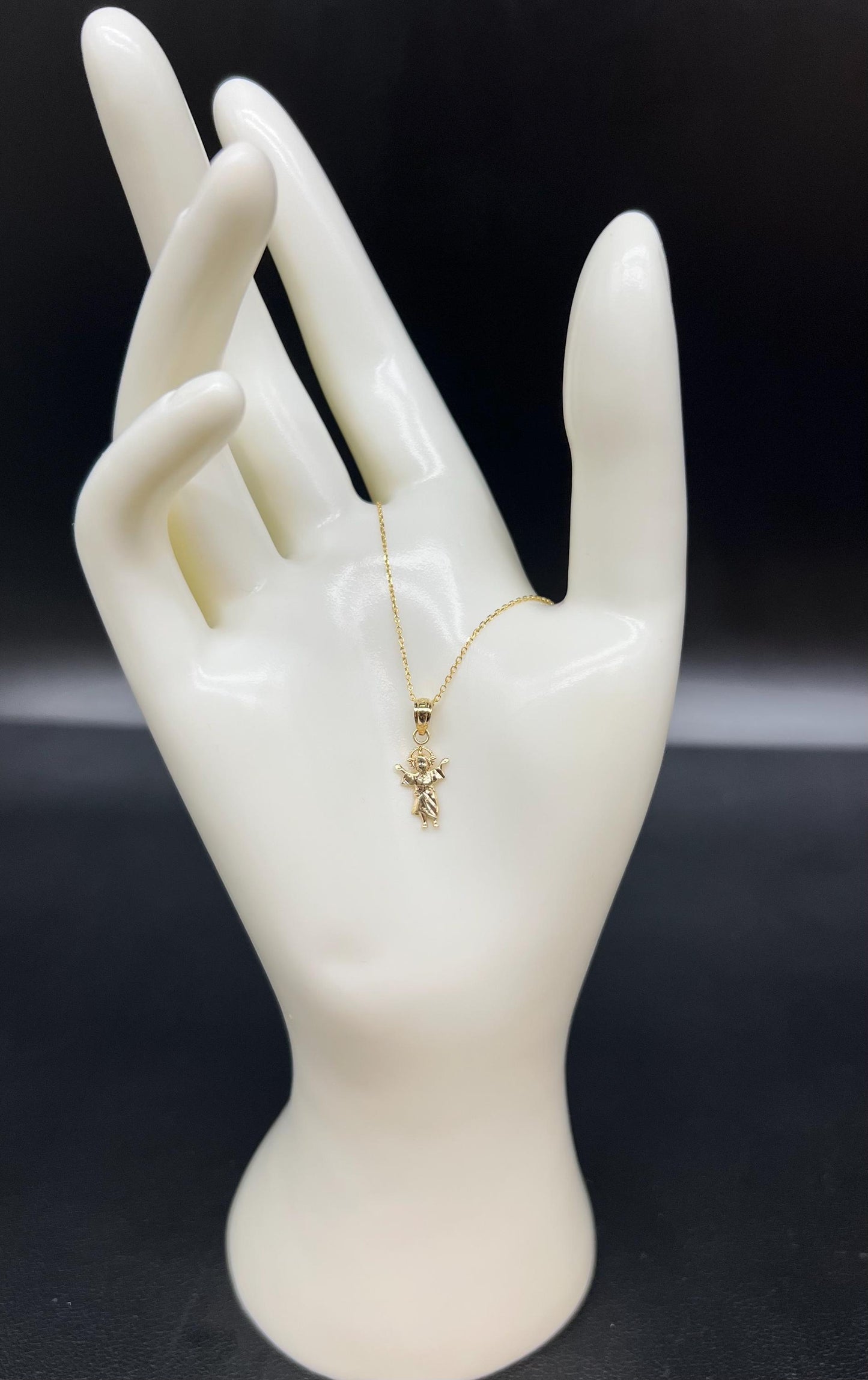 14k Real Solid Gold Divino Nino Pendants Necklace, 14K Real Gold Baby Jesus Religious Charm, 14K 1 mm Real Gold Cable Chain Necklace