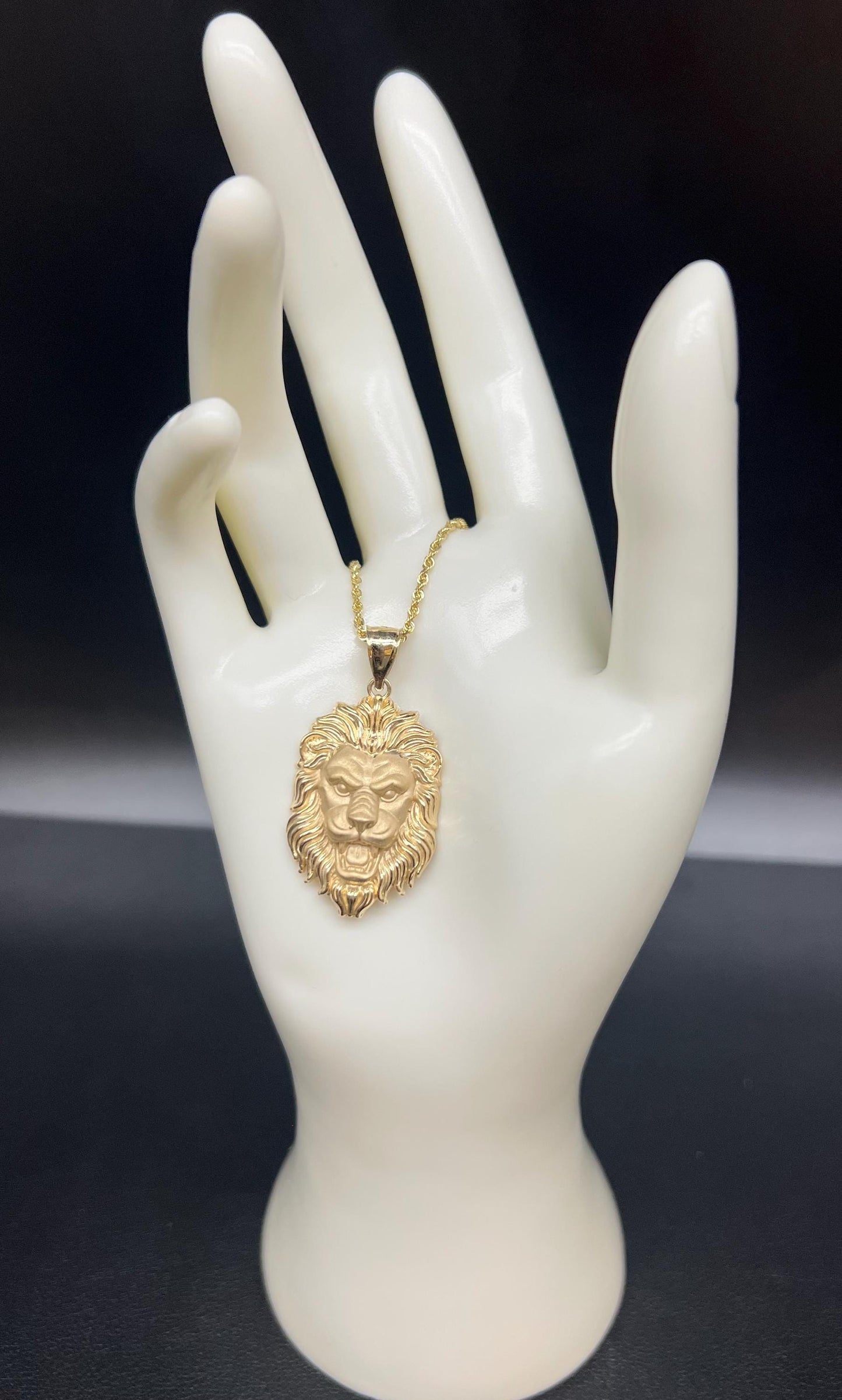 14k Real Solid Gold textured Lion Head Pendants Necklace, with 14k 1.6mm Solid Rope Chain Necklace ,14k Lion Head Pendant, Gift