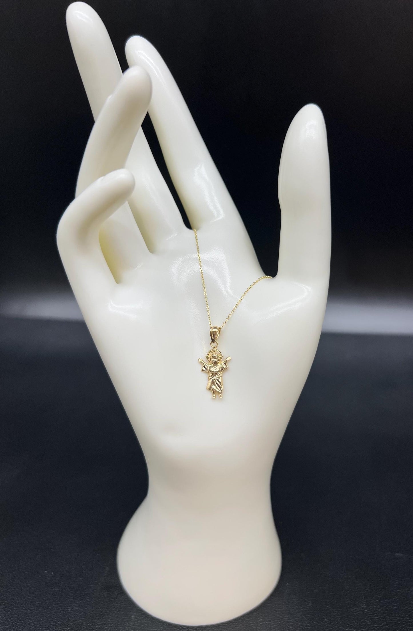 14k Real Solid Gold Divino Nino Pendants Necklace, 14K Real Gold Baby Jesus Religious Charm, 14K 1 mm Real Gold Cable Chain Necklace