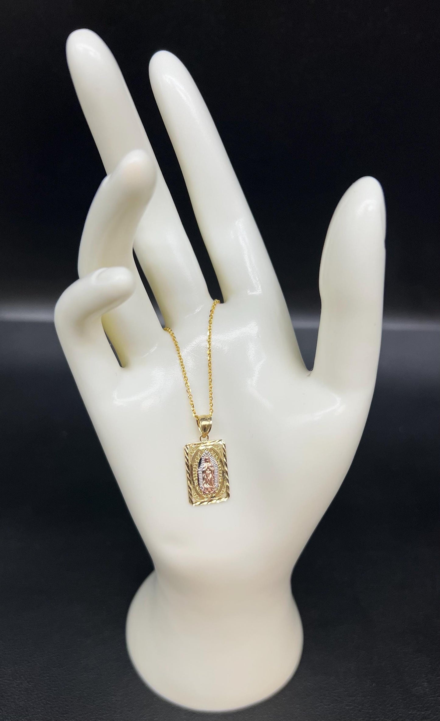 10k Real Solid Gold Tricolor Guadalupe Pendant Necklace, 1.2mm Cable Chain, Unisex Virgin Mary Charm, Religious Gold Gift Jewelry, Square