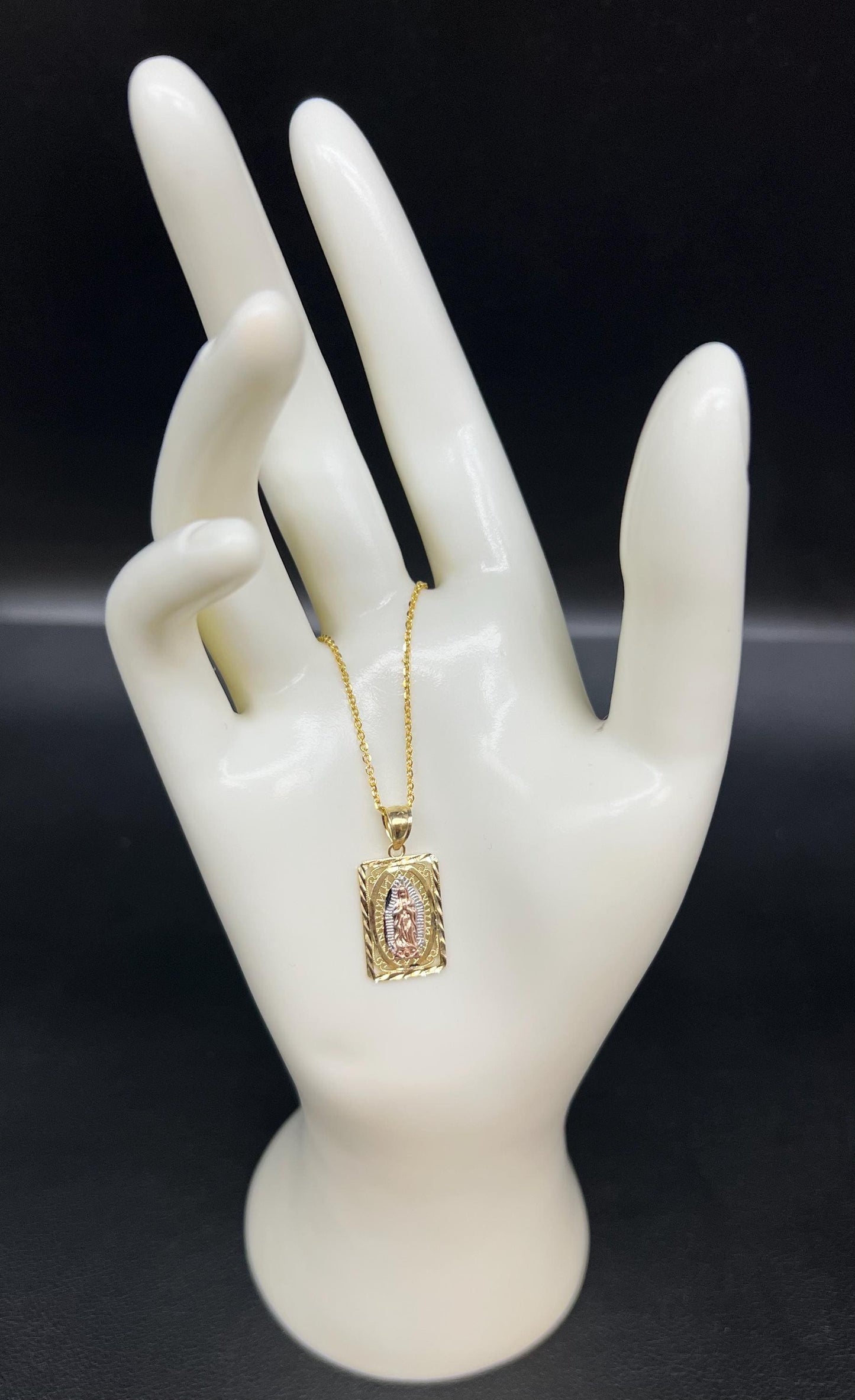10k Real Solid Gold Tricolor Guadalupe Pendant Necklace, 1.2mm Cable Chain, Unisex Virgin Mary Charm, Religious Gold Gift Jewelry, Square