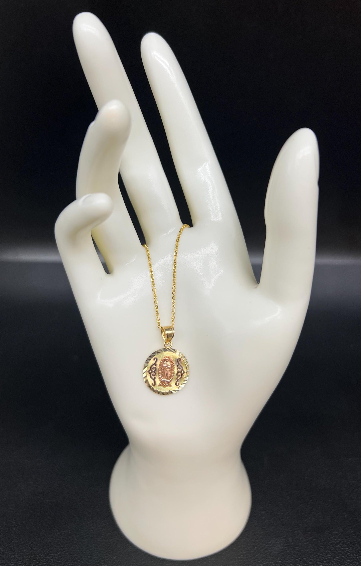 10k Real Solid Gold Tricolor Guadalupe Pendant Necklace, 1.2mm Cable Chain, Unisex Virgin Mary Charm, Religious Gold Gift Jewelry, Circle