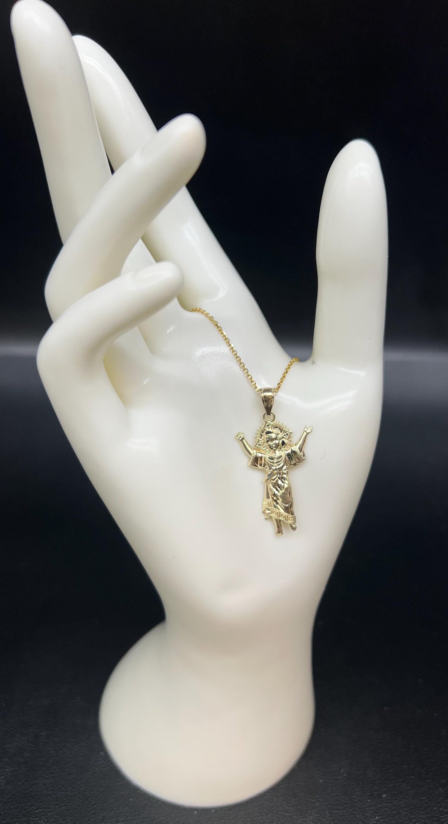 10k Real Solid Gold Divino Nino Pendant Necklace, 1.2mm Cable Chain, Unisex Baby Jesus Charm, Religious Gold Gift Jewelry,