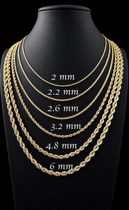 10K Gold Rope Chain Gold Rope Chain Necklace 2mm 2.2mm 2.6mm 3.2mm 4.8mm 6mm 18-26 inches, 10K Gold Rope Chain, 10K Gold Chain, Men Women