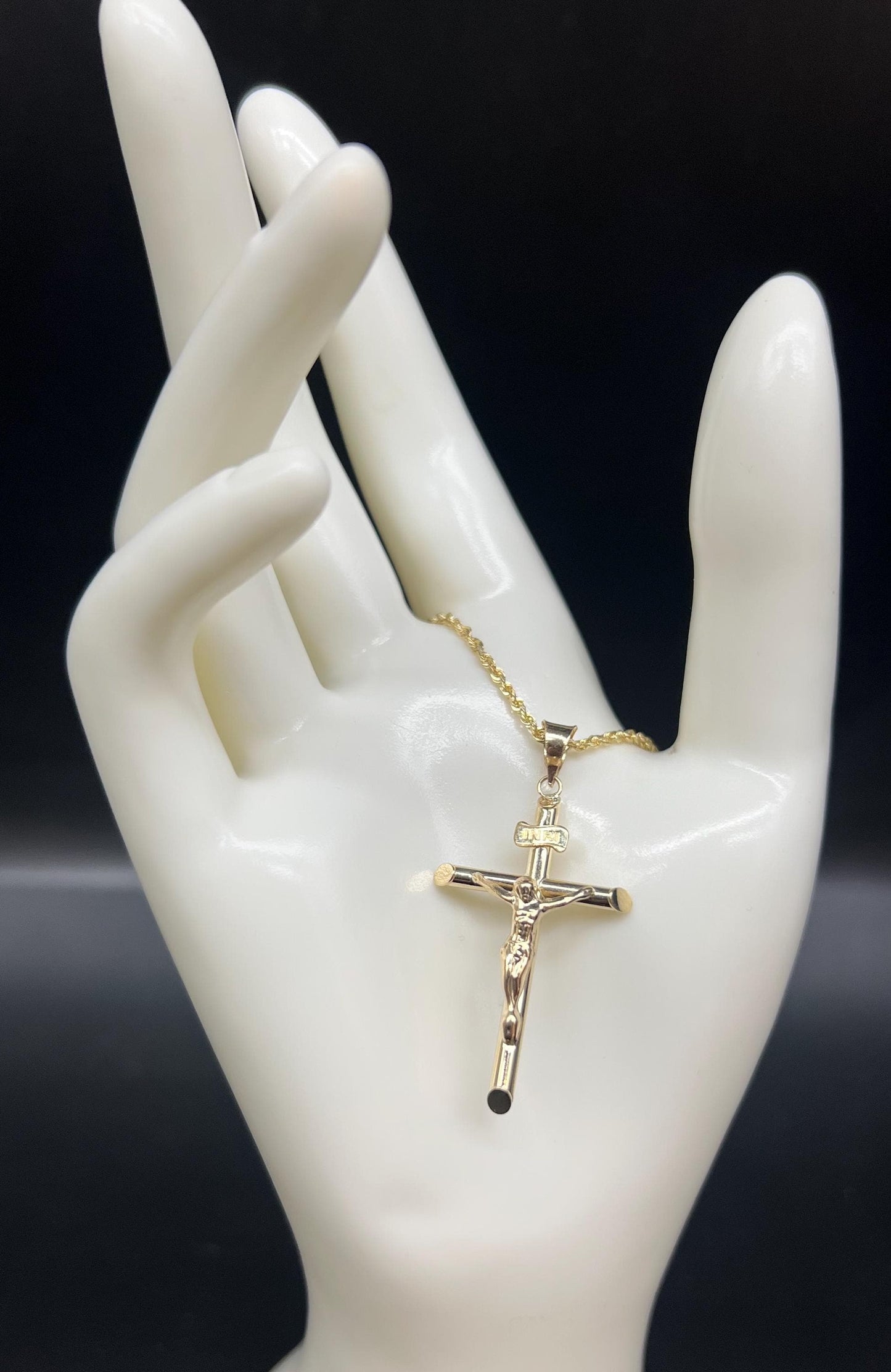 10k Real Solid Gold Jesus Crucifix Pendants Necklace, with 1.7mm Solid Rope Chain Necklace , Cross, Gold Inri Cross, Gift