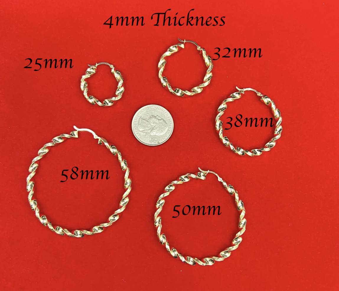 10k Real Yellow Gold Twisted Hoop Earrings 3mm, 4mm, 5mm  Thickness, 25mm - 58mm Real Gold Twisted Hoop Earrings, 10k Twisted Hoop Earring
