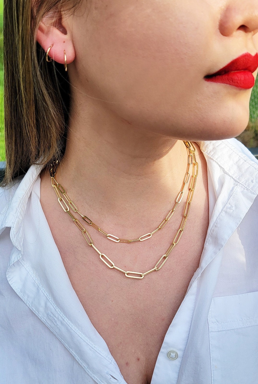 14k Yellow Gold Fancy Paperclip Chain, 14k Gold Paperclip Bracelet, 14k Real Gold Paperclips Necklace, 14k Gold 1.8mm-5.8mm Women Chain