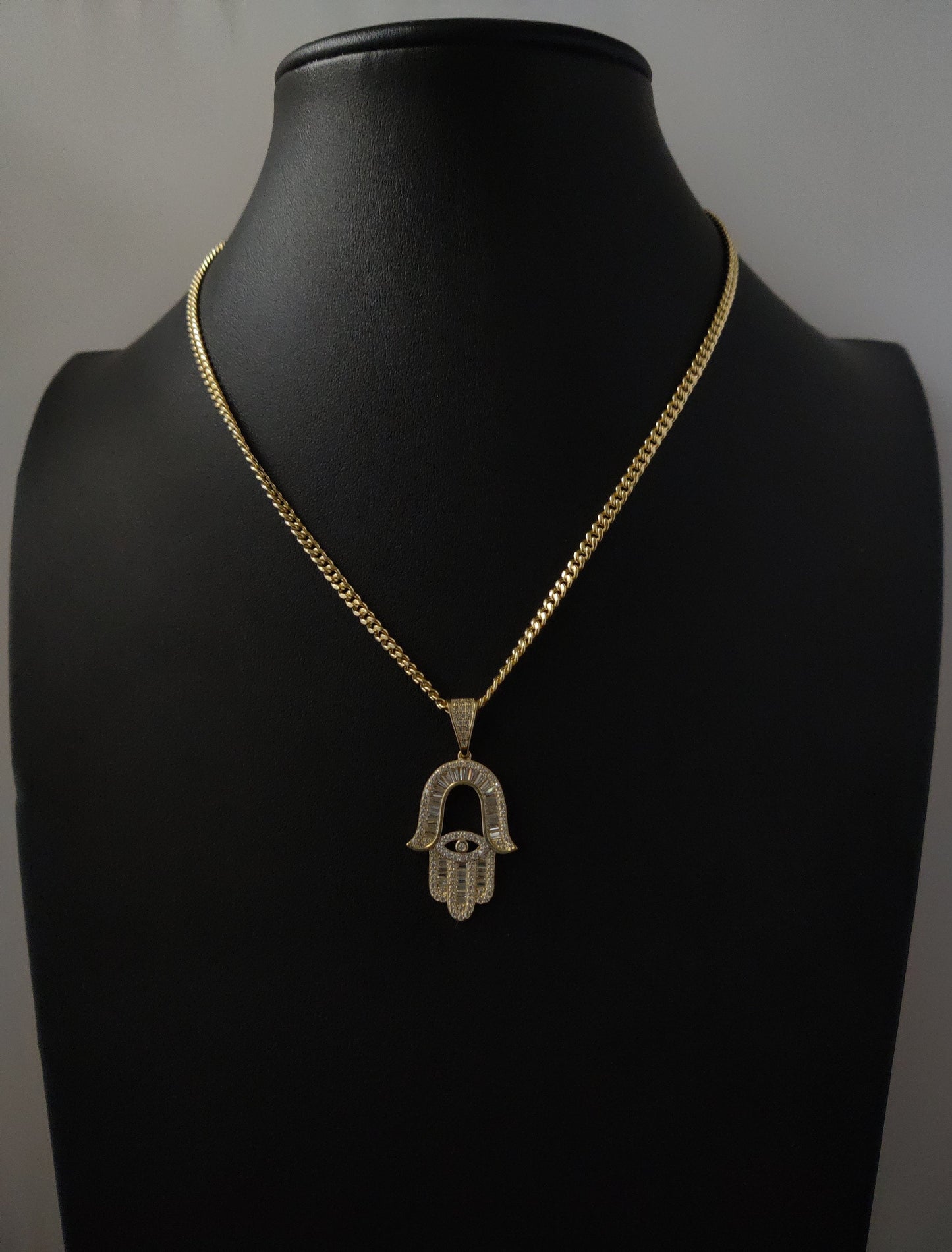 14k Real Gold Pendants Necklace, with 14K 3mm Miami Cuban Chain Necklace , Hamsa Hand charm,Fatima hand pendant, Evil Eyes, 14k Gold Charm