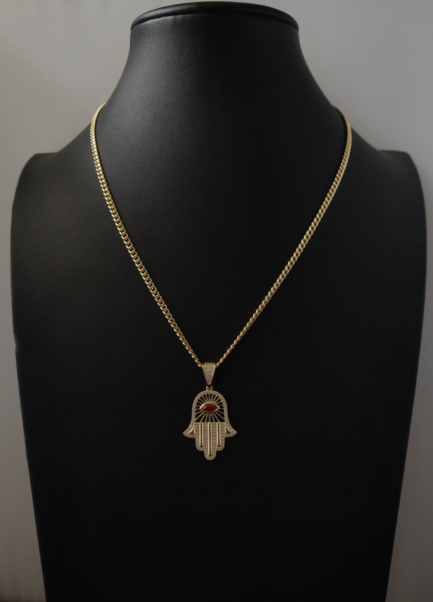 14k Real Gold Pendants Necklace, with 14K 3mm Miami Cuban Chain Necklace , Hamsa Hand charm,Fatima hand pendant, Evil Eyes, 14k Gold Charm