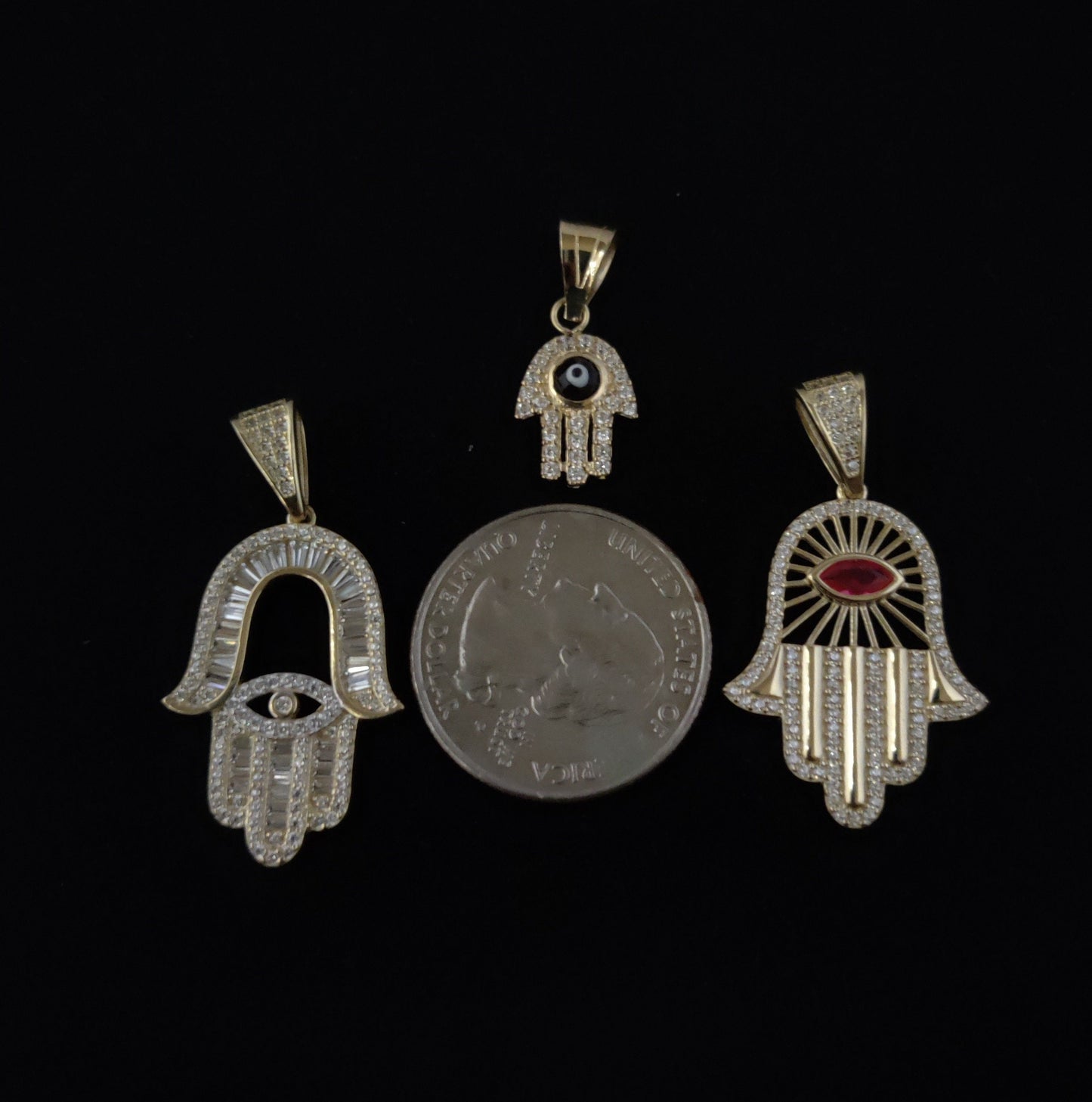 14k Real Gold Pendants Necklace, with 14K 3mm Miami Cuban Chain Necklace , Hamsa Hand charm,Fatima hand pendant, Evil Eyes, 14k Gold Charm