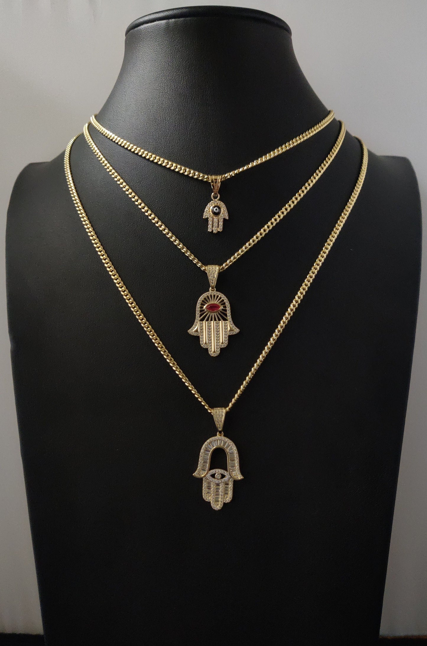 14k Real Gold Pendants Necklace, with 14K 3mm Miami Cuban Chain Necklace , Hamsa Hand charm,Fatima hand pendant, Evil Eyes, 14k Gold Charm