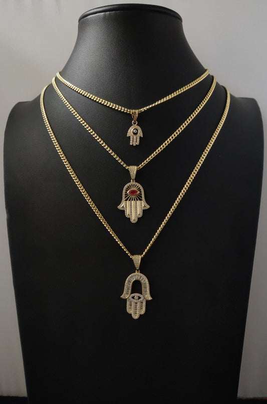 14k Real Gold Pendants Necklace, with 14K 3mm Miami Cuban Chain Necklace , Hamsa Hand charm,Fatima hand pendant, Evil Eyes, 14k Gold Charm