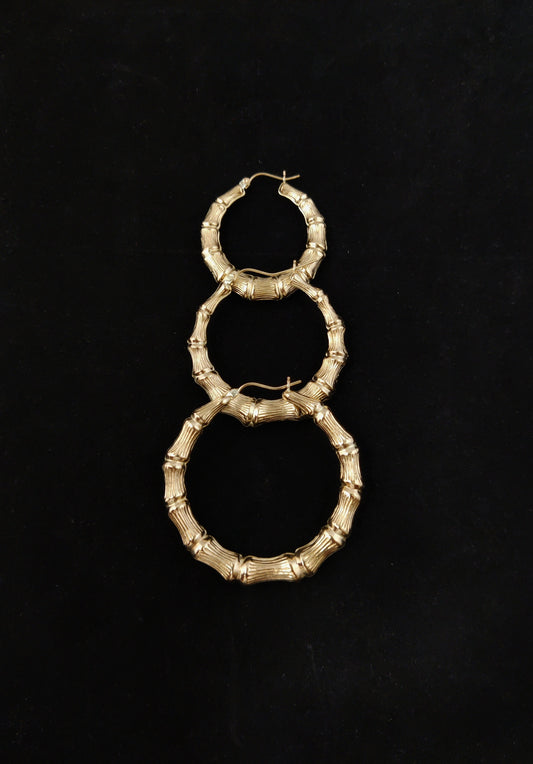 14k Real Solid Yellow Gold Round Bamboo Hoop Earrings, High Quality Real Gold Bamboo Earrings, 22mm - 78mm Gold Hoop Earrings,Women Earrings