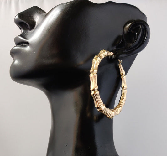 14k Real Solid Yellow Gold Round Bamboo Hoop Earrings, High Quality Real Gold Bamboo Earrings, 22mm - 78mm Gold Hoop Earrings,Women Earrings