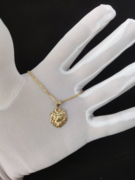 10k Real Solid Gold textured Lion Pendants Necklace, wit 1.7mm Solid Rope Chain Necklace , Lion Head Pendant, Gift