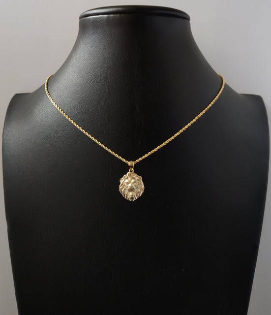 10k Real Solid Gold textured Lion Pendants Necklace, wit 1.7mm Solid Rope Chain Necklace , Lion Head Pendant, Gift