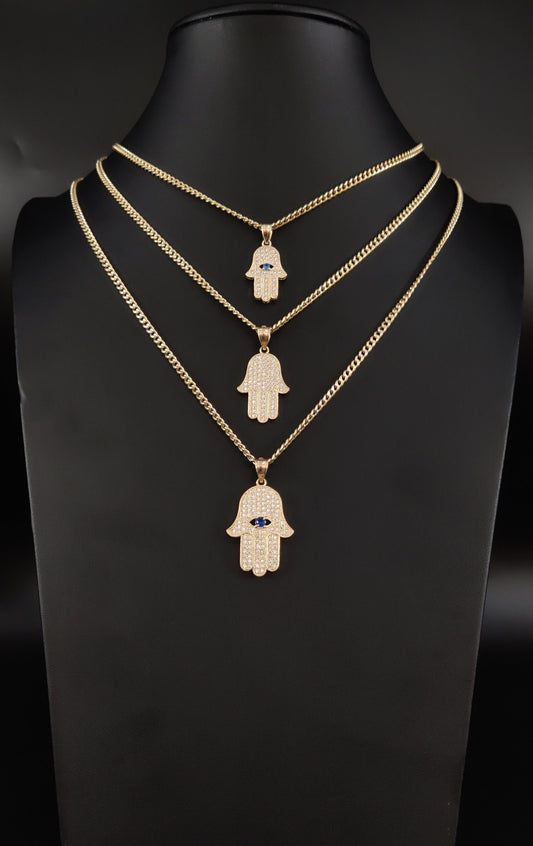 10k Real Gold Pendants Necklace, with 10k 3mm Miami Cuban Chain Necklace , Hamsa Hand charm,Fatima hand pendant, Gift