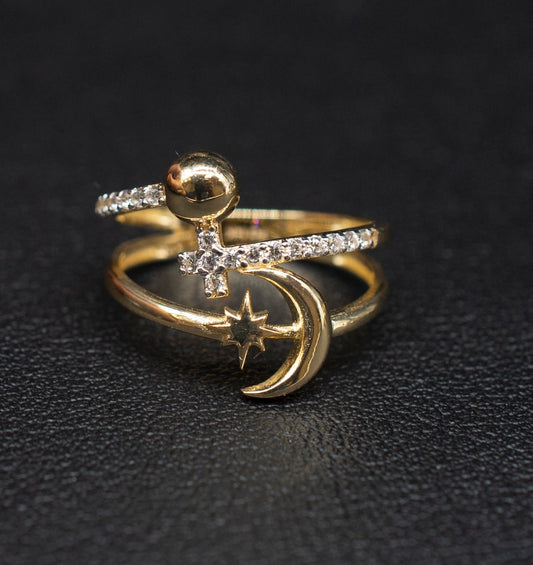 14k Real Solid Yellow Gold Bead Ball, Cross, Moon and Star Ring, 14k Solid Gold Women Ring, Cross Gemstone Gold Ring for Women, Gold Ring