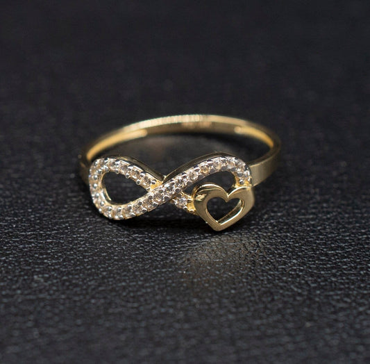 14k Real Solid Yellow Gold Infinity Heart Ring, 14k Solid Gold Women Heart Ring, Infinity Symbol Gemstone Gold Ring for Women, Gift,