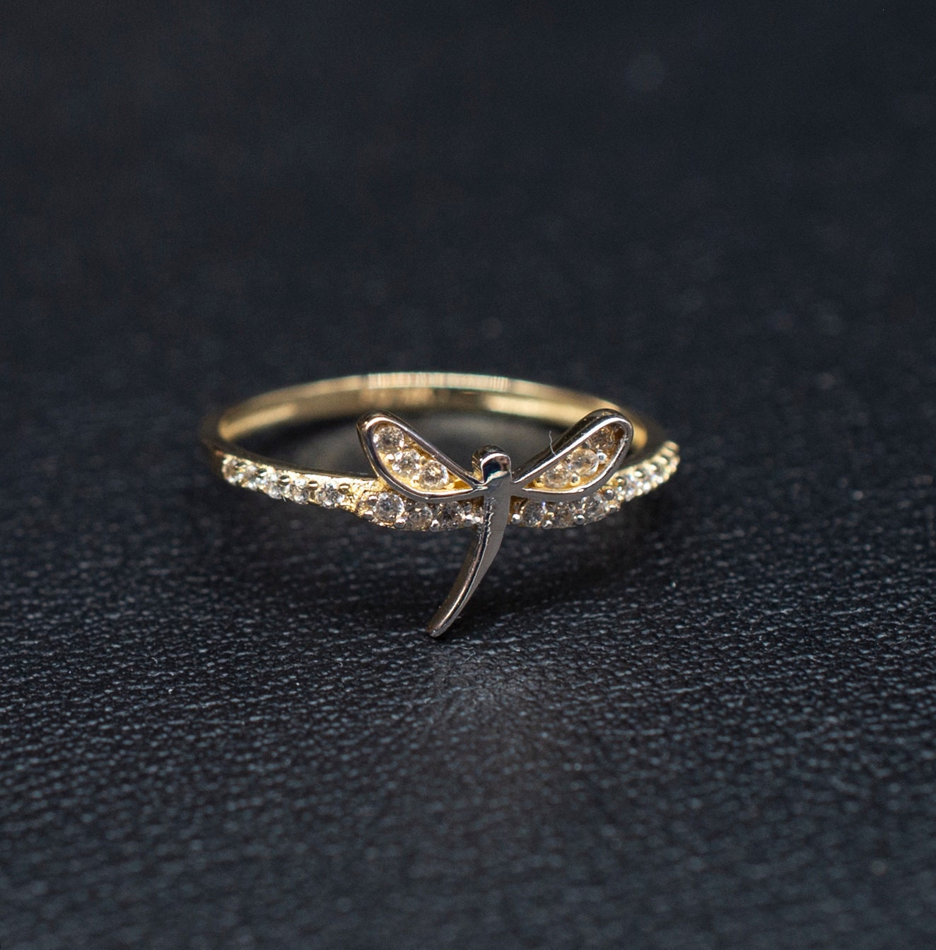 14k Real Solid Yellow Gold Dragonfly Ring, 14k Solid Gold Women Dainty Ring, Dragonfly Gemstone Gold Ring for Women, Gift, Gold Ring