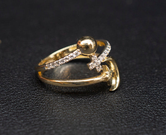 14k Real Solid Yellow Gold Bead Ball, Cross, Moon and Star Ring, 14k Solid Gold Women Ring, Cross Gemstone Gold Ring for Women, Gold Ring