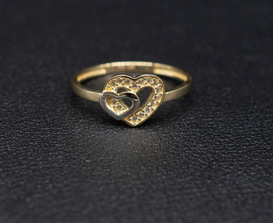 14k Real Solid Yellow Gold Double Heart Ring, 14k Solid Gold Women Heart Ring, Heart Symbol Gemstone Gold Ring for Women, Gift