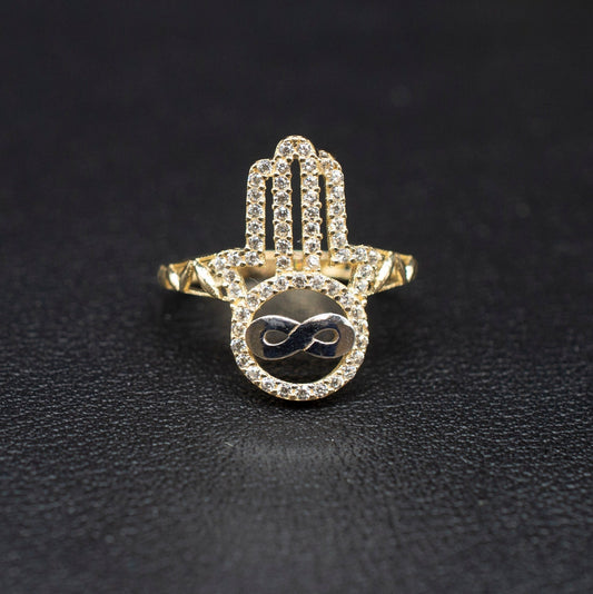 14k Real Solid Yellow Gold Hamsa Hand with Infinity Ring, 14k Solid Gold Women Dainty Ring, Infinity Symbol Gold Ring for Women, Hamsa Hand