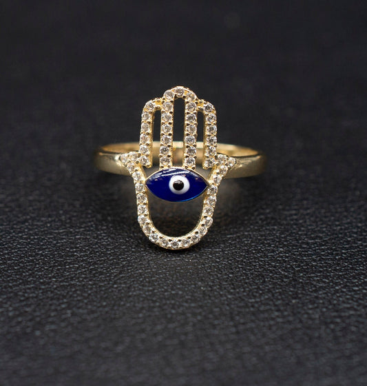 14k Real Solid Yellow Gold Hamsa Hand Evil Eye  Ring, 14k Solid Gold Women Dainty Ring, Evil Eye Gold Ring for Women, Hamsa Hand Gold Ring