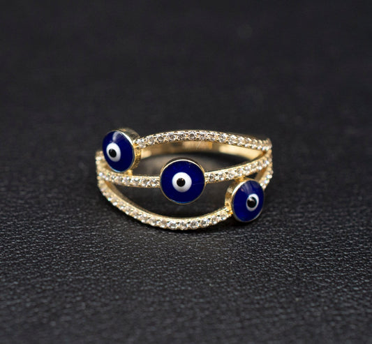 14k Real Solid Yellow Gold Triple Evil Eye  Ring, 14k Solid Gold Women Dainty Ring, Evil Eye Gold Ring for Women,14k Evil Eye Gold Ring