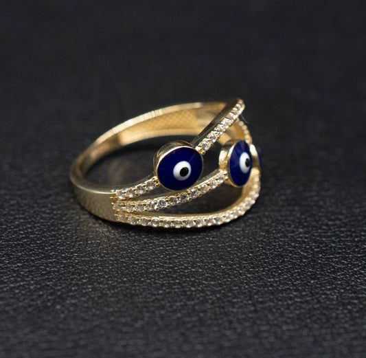 14k Real Solid Yellow Gold Triple Evil Eye  Ring, 14k Solid Gold Women Dainty Ring, Evil Eye Gold Ring for Women,14k Evil Eye Gold Ring