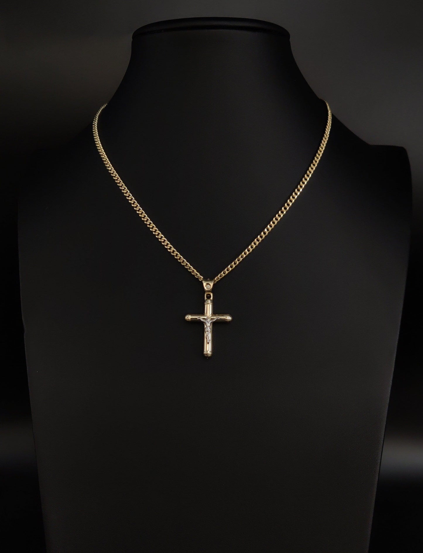 14k Real Solid Gold Jesus Crucifix Pendants Necklace, with 3mm Miami Cuban Chain Necklace , Cross Pendant , Gold Inri Cross, Gift