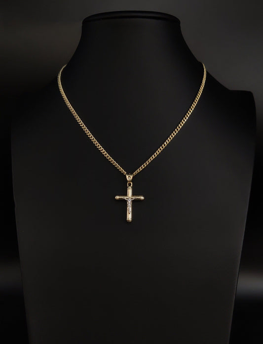 14k Real Solid Gold Jesus Crucifix Pendants Necklace, with 3mm Miami Cuban Chain Necklace , Cross Pendant , Gold Inri Cross, Gift